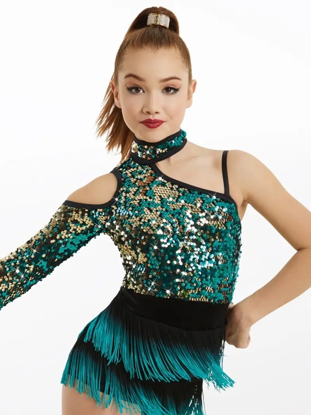 Weissman- Sequin One-Shoulder Dance Top in Teal and Gold - Women's